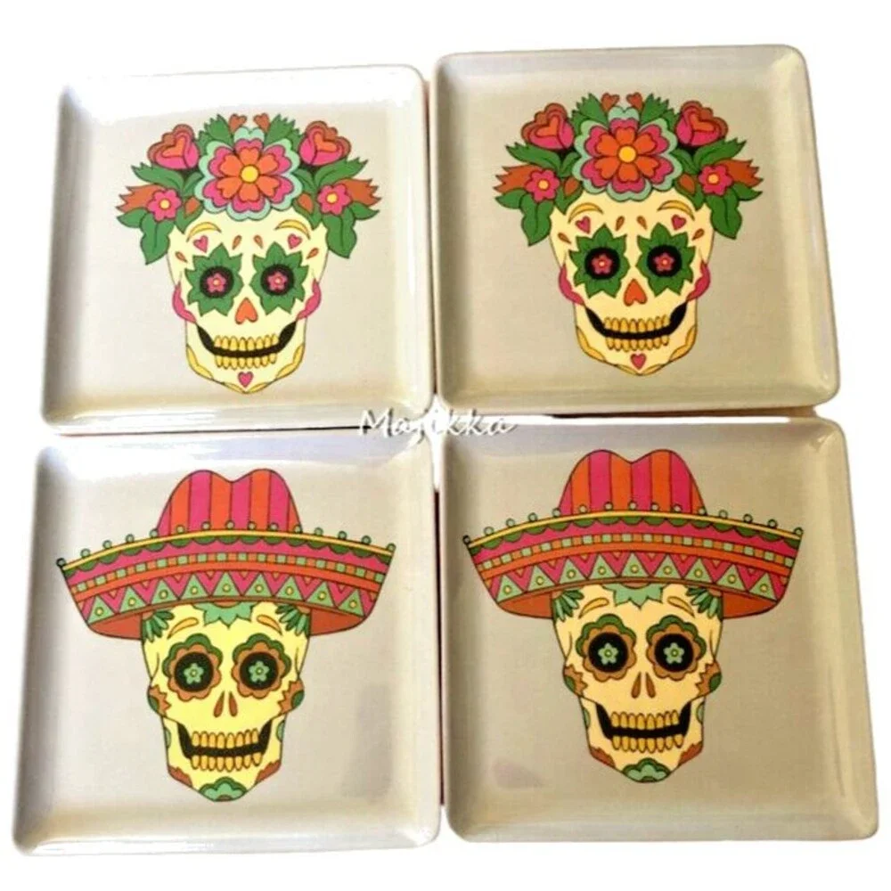 13th &Elm Day Of The Dead Skull Halloween Melamine Plates App Girl Boy Set Of 4